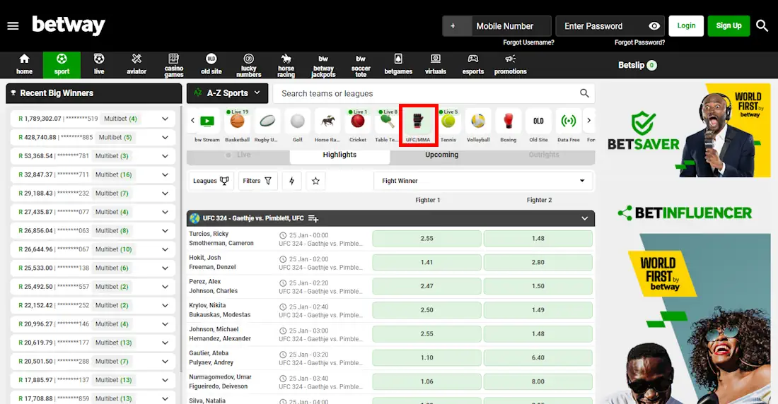 Betway Kenya MMA Betting Screenshot